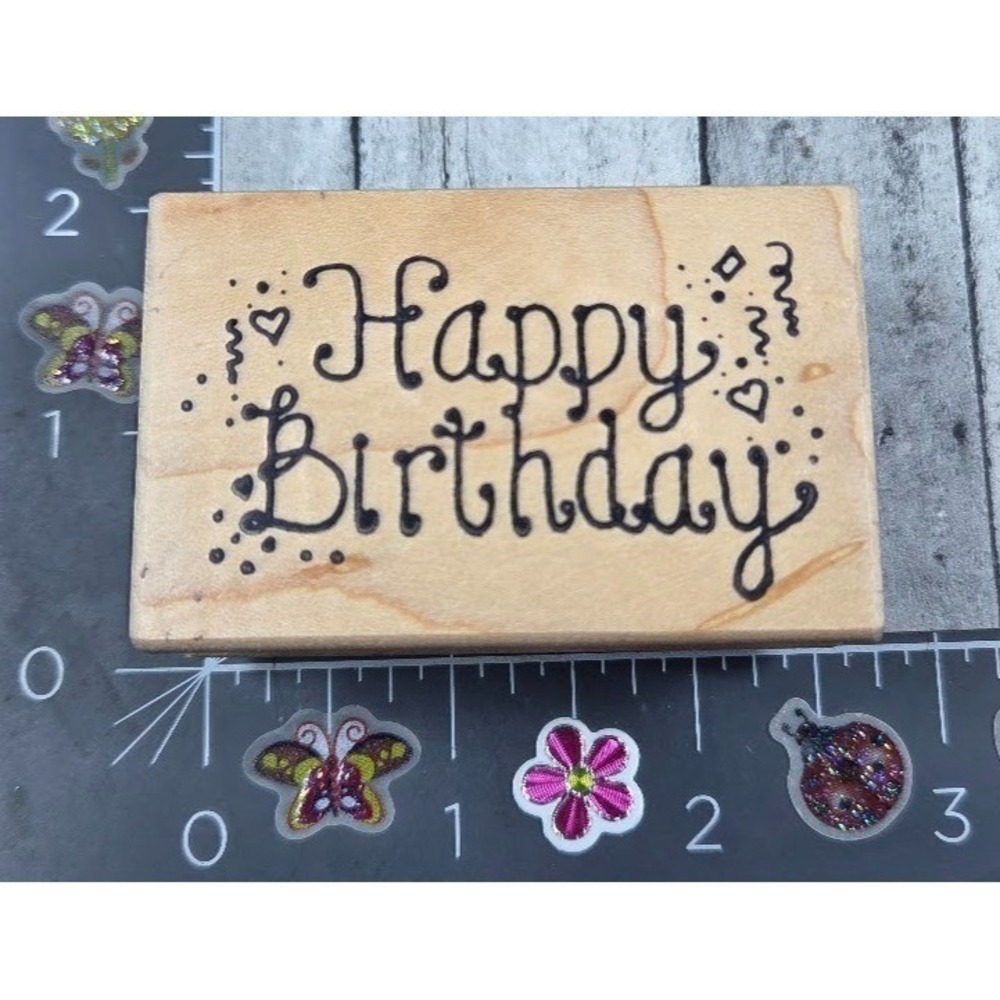 Great Impressions Happy Birthday Script Confetti Heart Rubber Stamp Wood #S30